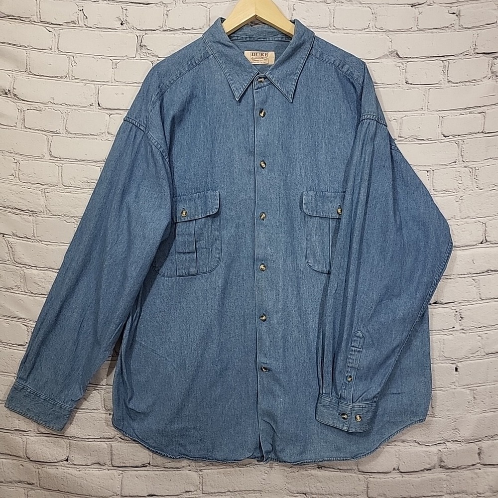 Duke‎ Haband Shirt Mens XXL 100% Cotton Vintage Button Up Blue